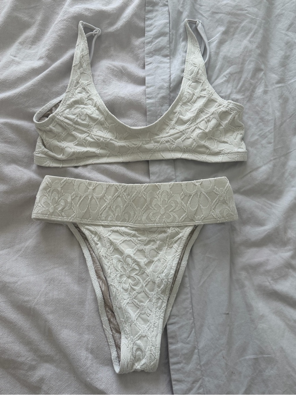 Free People Cream Lace Bikini Set — Scoop Bralette & High-Waist Foldover Bottoms